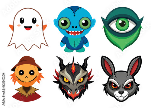 A funny collection of cute cartoon animal and alien monsters with various expressions and faces