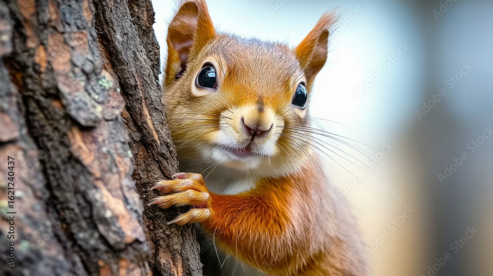 A squirrel peeks from behind a tree trunk, looking playful and inquisitive. The close-up captures its adorable, curious nature. A squirrel peeks from behind a tree trunk, looking playful and inquisitive. The close-up captures its adorable, curious nature.
