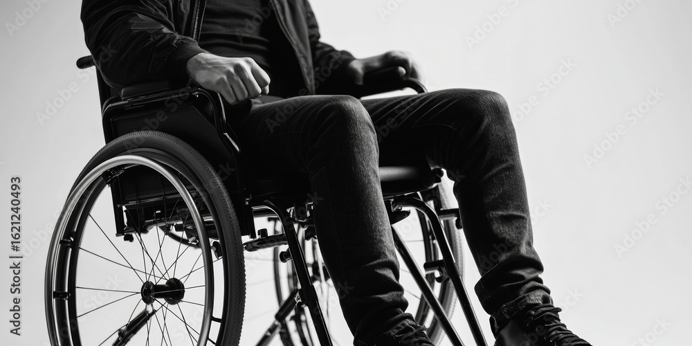 Obraz premium A man in a wheelchair navigates through urban areas, showcasing the adaptations and accessibility of city infrastructure.