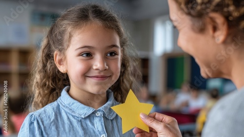 A teacher presents a gold star award to a happy, smiling student, emphasizing positive reinforcement, achievement, and dedication.