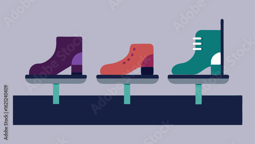 Accessible Footwear Display A footwear display showing shoes with adaptive features such as extrawide designs and easy closures set on a low platform for customer accessibility.