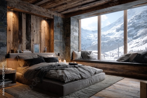 Mountain view bedroom, rustic wood cabin, cozy bed, snowy landscape, winter escape
