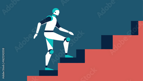 Climbing Stairs A person ascending a flight of stairs in a robotic exoskeleton clearly utilizing the assistive technology to lift their legs effortlessly with each step.