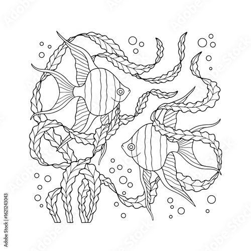 Art nouveau tropical fishes swimming amongst seaweed hand drawn monochrome easy coloring book page vector illustration