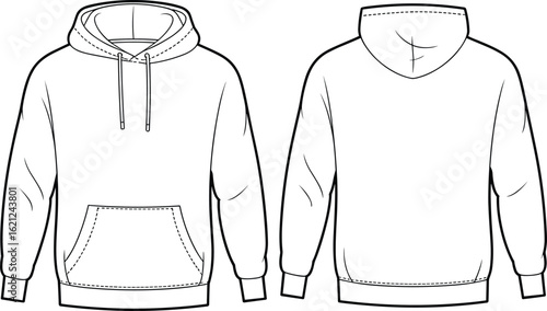 Blank hoodie front and back technical sketch, fashion template, casual sweatshirt design for apparel mockup
