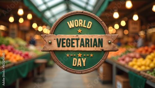 World Vegetarian Day badge on wooden surface surrounded by vegetables  
