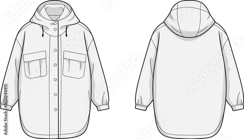 jacket, hooded, fashion, flap, pockets, button, closure, front, back, viewjacket, hooded, fashion, flap, pockets, button, closure, front, back, view
