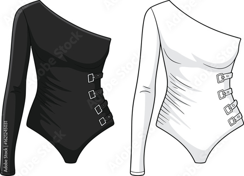 One shoulder buckle bodysuit fashion flat sketch, fitted asymmetrical long sleeve bodysuit with side straps, technical cad vector designOne shoulder buckle bodysuit fashion flat sketch, fitted 