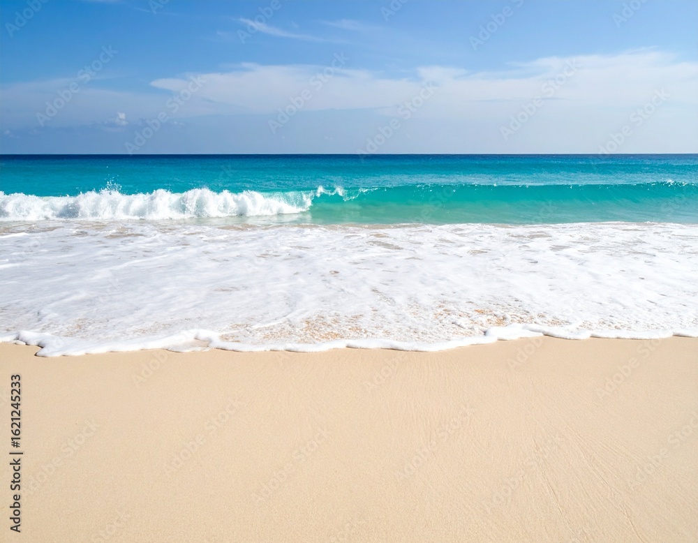 Fototapeta premium Beautiful tropical beach with gentle turquoise waves washing over smooth golden sand, creating a peaceful and minimal coastal scene. Ideal for summer, travel, and relaxation themes