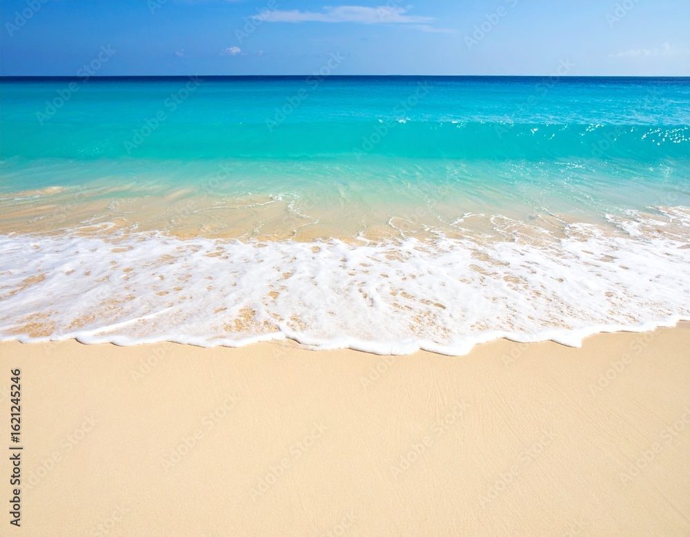 Fototapeta premium Beautiful tropical beach with gentle turquoise waves washing over smooth golden sand, creating a peaceful and minimal coastal scene. Ideal for summer, travel, and relaxation themes