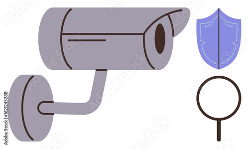 Security camera symbol with protective shield and magnifier highlighting safety, surveillance, and analysis. Ideal for security, monitoring, protection, technology, privacy, investigation awareness