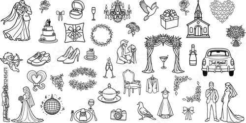 Wedding hand drawn design elements isolated on white background.