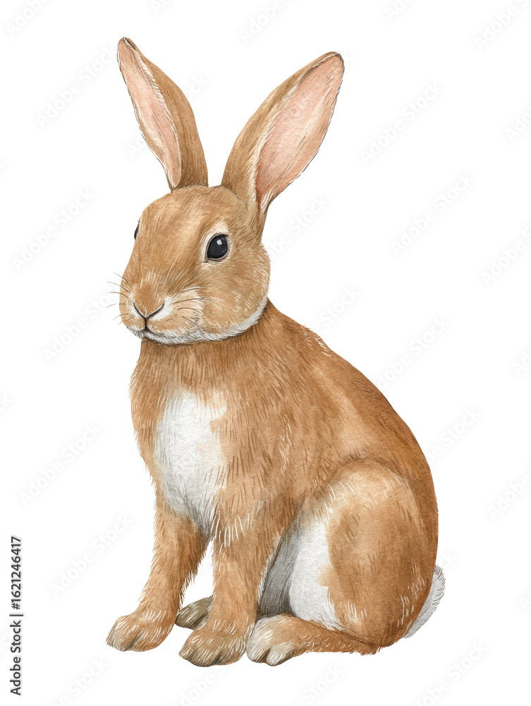 Obraz premium Watercolor animal illustration, cute brown rabbit sitting, isolated on transparent background