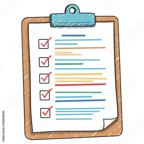 Colorful checklist on clipboard with red checkmarks for task management and organization