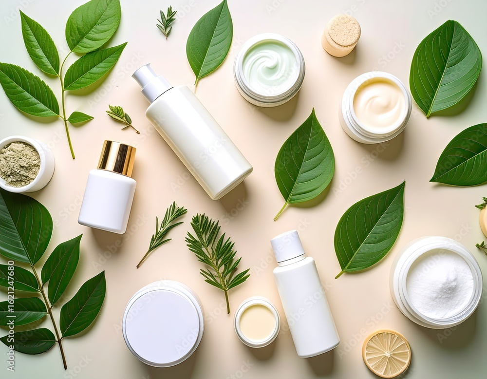 Skincare Products and Natural Greenery on Neutral Background Skincare Products and Natural Greenery on Neutral Background