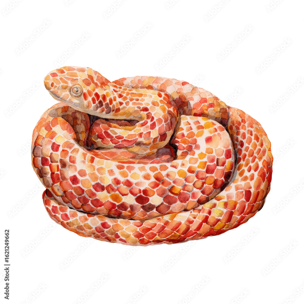 Fototapeta premium Watercolor animal illustration, detailed watercolor illustration of a coiled orange and red patterned snake, isolated on transparent background