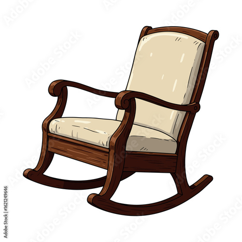 Classic wooden rocking chair with beige cushions