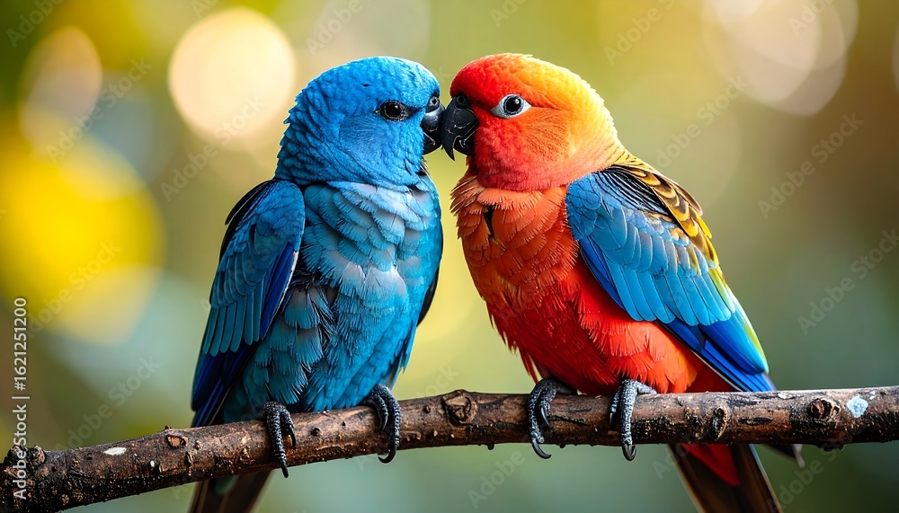 Fototapeta premium Two vibrant parrots on a branch