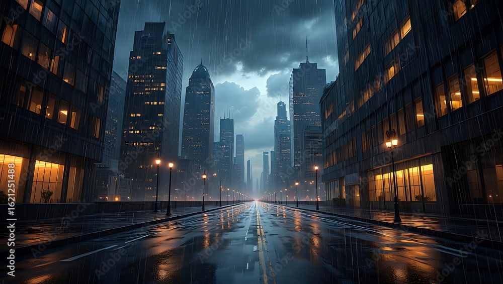 Obraz premium Rainy Night Cityscape Urban Majesty Under a Storm