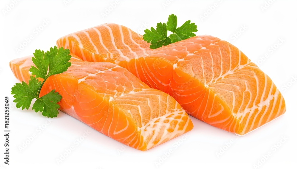 Raw Salmon Fillet Slices with Parsley on White Raw Salmon Fillet Slices with Parsley on White