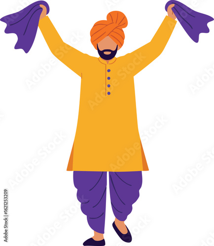 Man Wearing Traditional Orange Turban and Kurta Dancing with Purple Cloths in Festive Indian Celebration Vector Illustration 