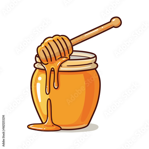 Honey jar with dipper and dripping honey