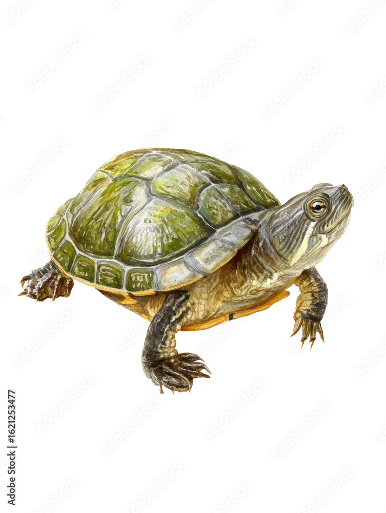 Fototapeta premium Watercolor animal illustration, a small green turtle isolated on a transparent background, showcasing its shell and legs