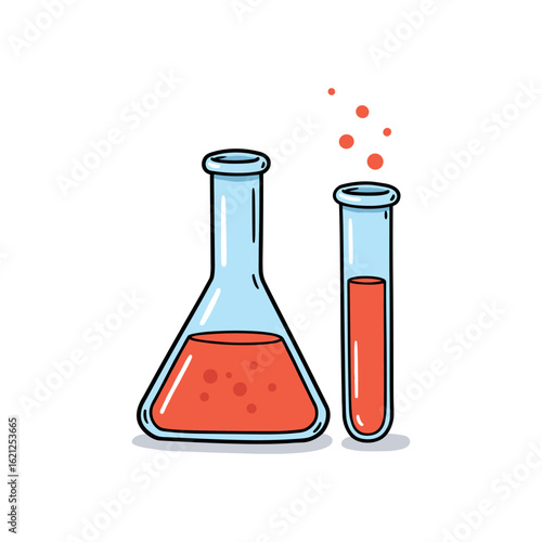 Two glass laboratory flasks filled with red liquid: chemistry and science equipment