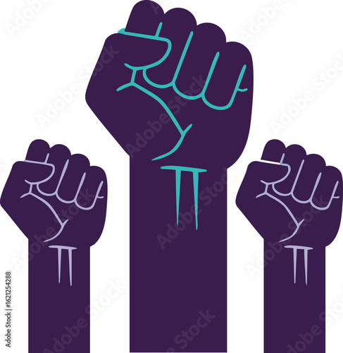 Raised fists symbol of solidarity and empowerment in purple and teal vector illustration for social justice and activism concepts 
