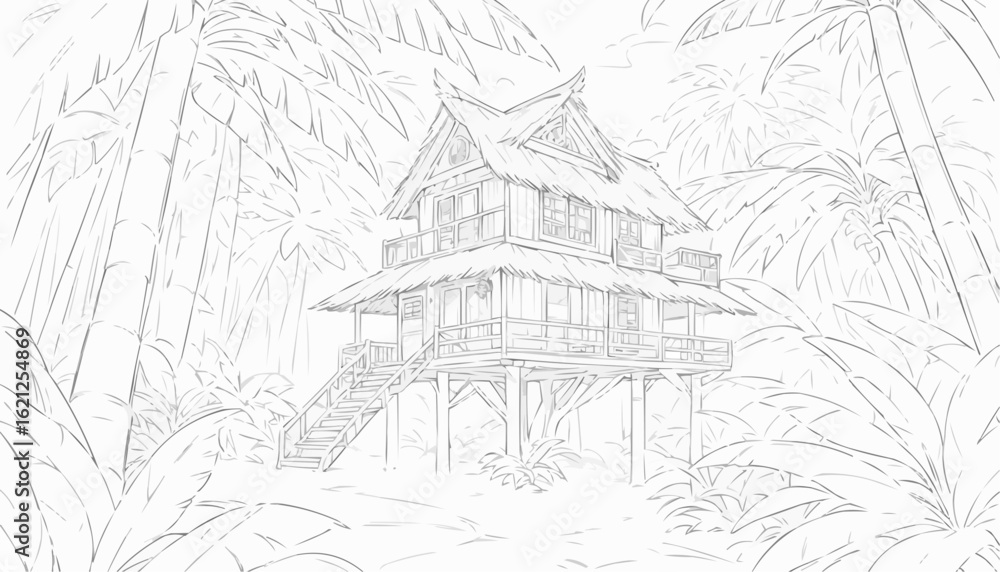 Obraz premium Coloring page of a tropical wooden house on stilts in a lush jungle setting with palm trees