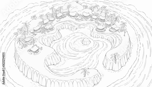 Island illustration in a serene mood surrounded by ocean waters
