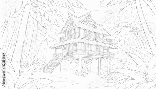 Coloring page of a tropical wooden house on stilts in a lush jungle setting with palm trees