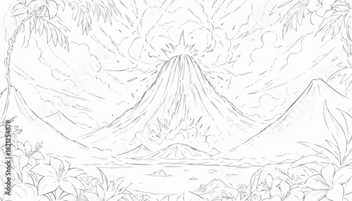 Coloring page of an erupting volcano surrounded by tropical plants and a scenic landscape