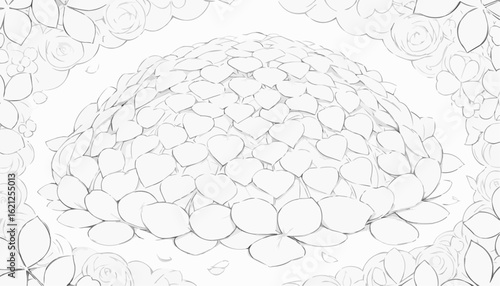 Coloring page of a mound of stones surrounded by decorative roses and leaves in a floral setting