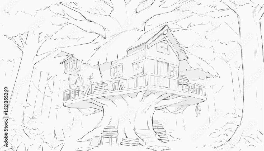 Obraz premium Treehouse nestled in a large tree, adventurous atmosphere, coloring page concept, black and white outline
