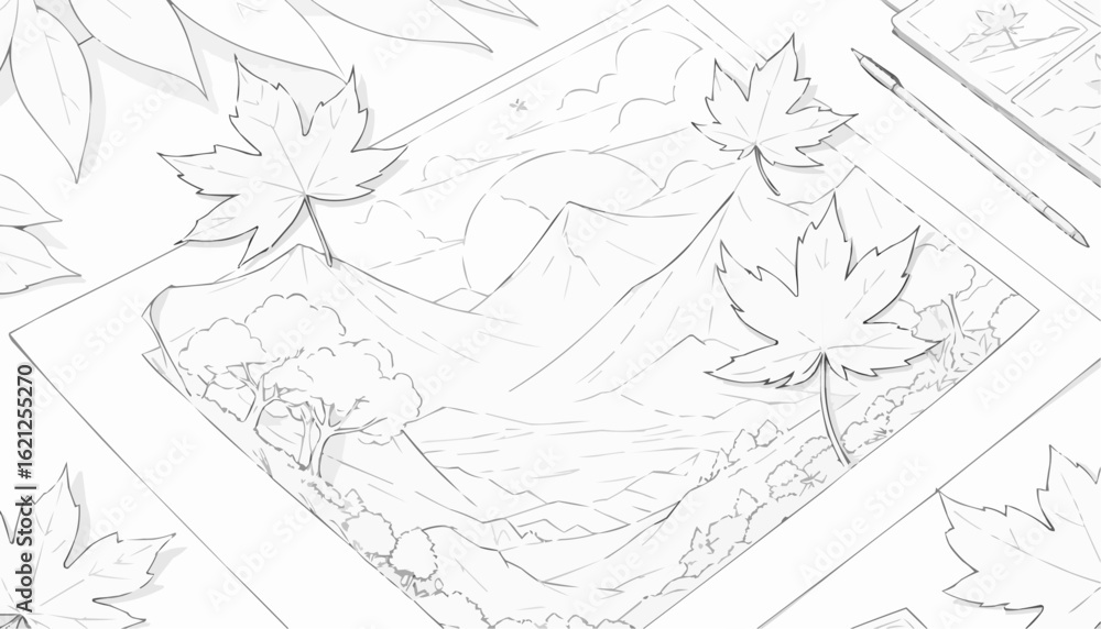 Obraz premium Mountain landscape drawing with leaves, artistic atmosphere, coloring page concept, black and white outline 