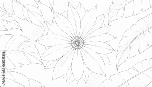 Large flower surrounded by leaves, peaceful atmosphere, coloring page concept, black and white outline
