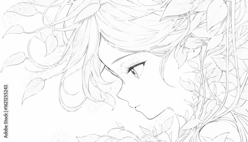 Young woman with flowing hair and leaves, serene atmosphere, coloring page concept, black and white outline
