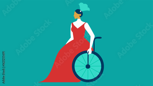 Creative Headwear A model using a wheelchair wearing a unique headpiece and an elegant dress designed for ease of movement emphasizing creativity in adaptive fashion.