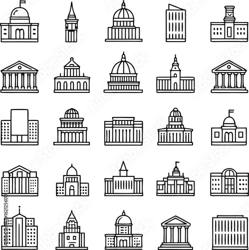 Government and Institutional Building Line Icon Set