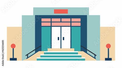 Accessible Entrance An illustration of a welcoming museum entrance with ramps an automatic door and clear signage that indicates accessibility features.