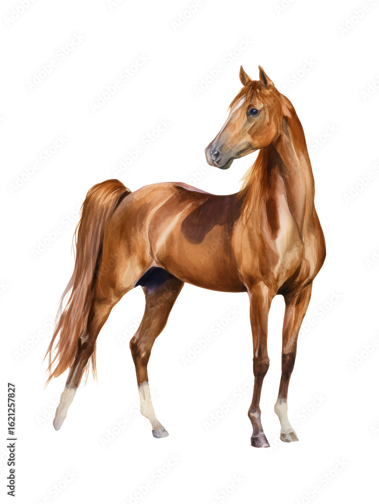 Obraz premium Watercolor animal illustration, beautiful arabian horse standing proudly, isolated on transparent background