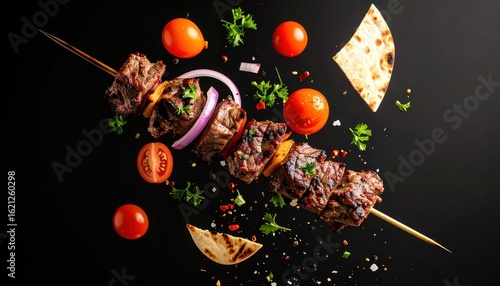 Grilled Beef Skewer with Tomatoes  Herbs on Black Background.