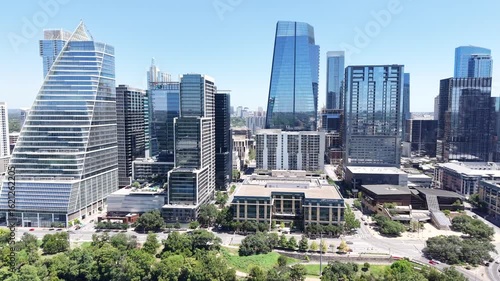 Modern offices and apartment buildings by the Colorado River in cityscape skyline of Downtown Austin Texas