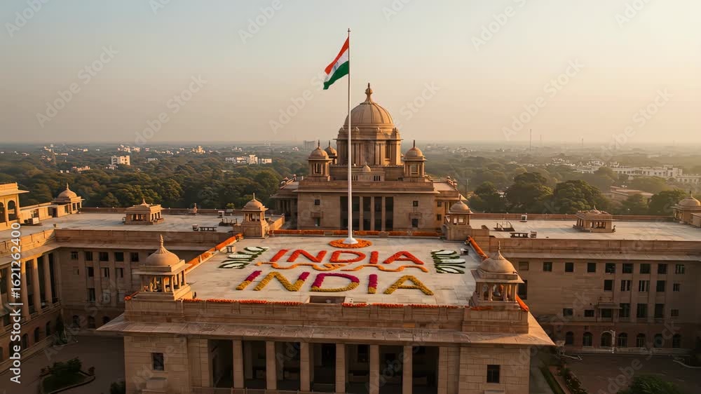 Aerial view of south block and north block buildings in new delhi, india, decorated for independence day and republic day celebrations, featuring the indian flag waving proudly on top