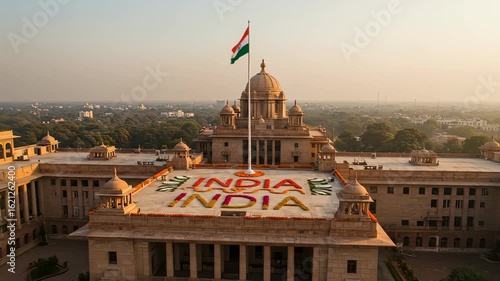 Aerial view of south block and north block buildings in new delhi, india, decorated for independence day and republic day celebrations, featuring the indian flag waving proudly on top