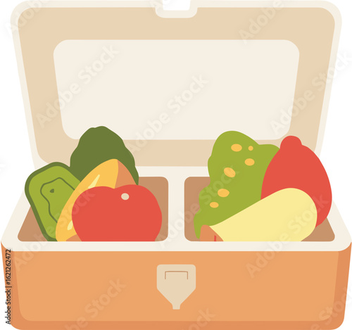 Open lunch box with assorted fruits and vegetables in colorful flat design, perfect for healthy meals on-the-go
