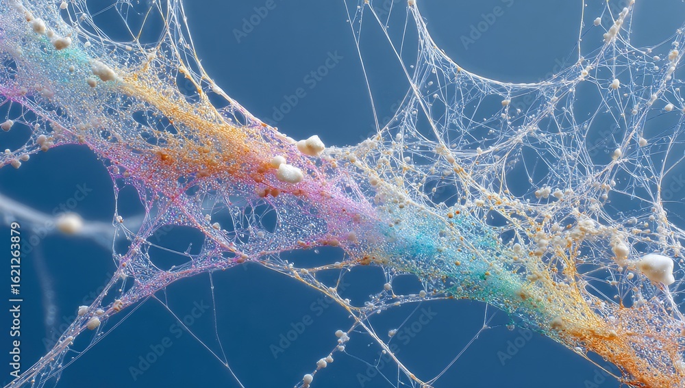 Naklejka premium Colorful spiderweb, intricate design, outdoor, blue sky background; science, nature