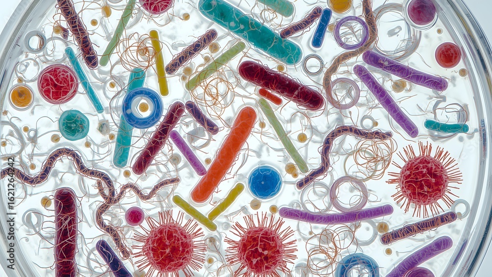 Fototapeta premium Colorful microscopic view of diverse bacteria and microorganisms in a petri dish
