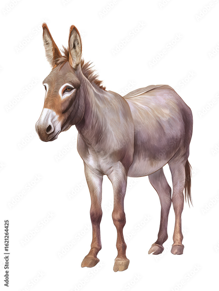 Fototapeta premium Watercolor animal illustration, a donkey standing on a transparent background, a domestic mammal often used for work and transport